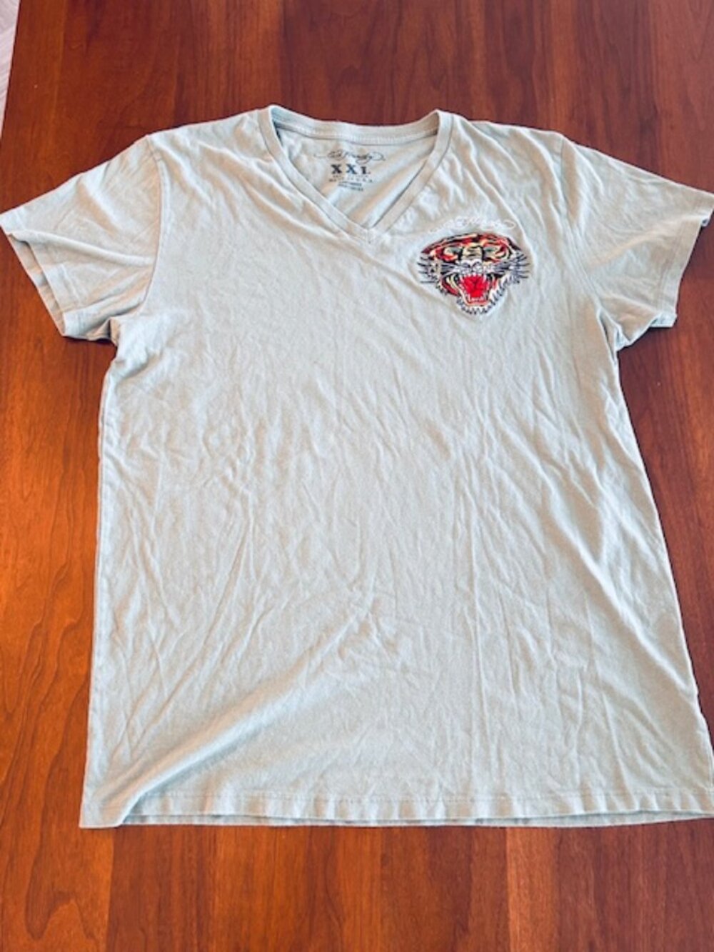 Vintage Ed Hardy V-Neck Tee - Dragon Chest Logo, Light Olive/Grey, Men's XXL